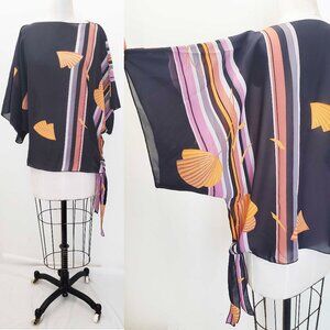 Siasia New York Womens Vintage 80s Kimono Black Semi Sheer Top Blouse with Tie L